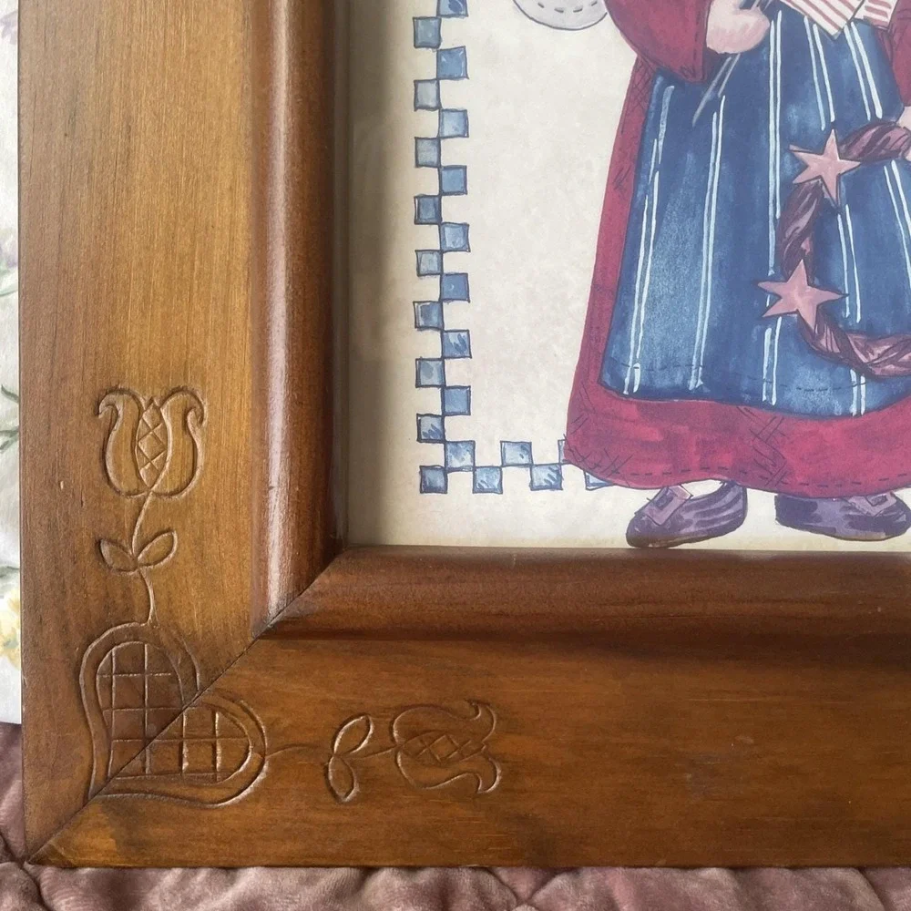 Vintage Wood Picture Frame Hand Carved Hearts Tulips Patriotic B Mack Print